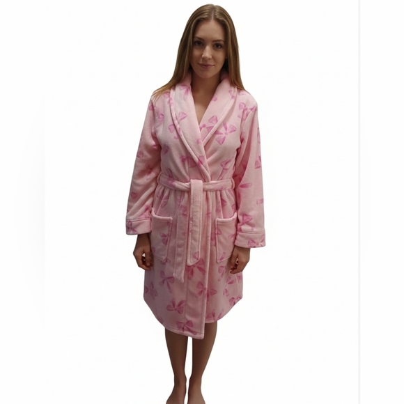 Juicy Couture Pink Bow-Patterned Robe 36 Inches - Long Sleeves Plush L/XL - Picture 3 of 3